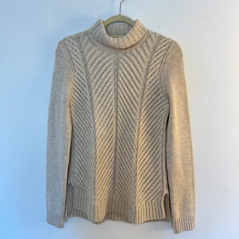 Vince Yak Wool Cable Knit Sweater Beige Mock Neck Turtleneck XS Quiet Luxury